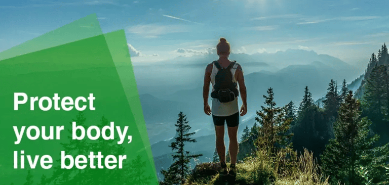 Hiker on mountain. text 'protect your body, live better'