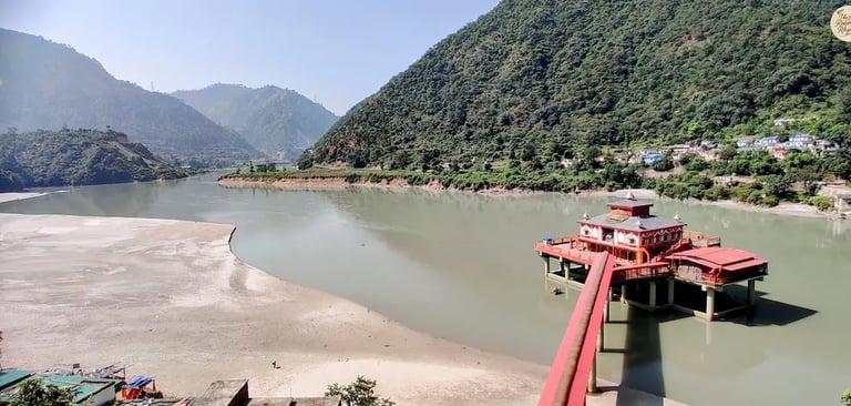 Island temple of Dhari Devi in the Alaknanda River, Uttarakhand, a sacred Himalayan shrine & guardian of Char Dham pilgrimage