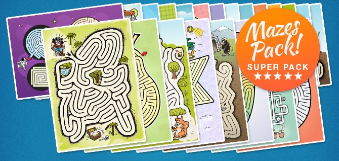 High-resolution mazes for commercial use; 23 printable designs for books and menus.