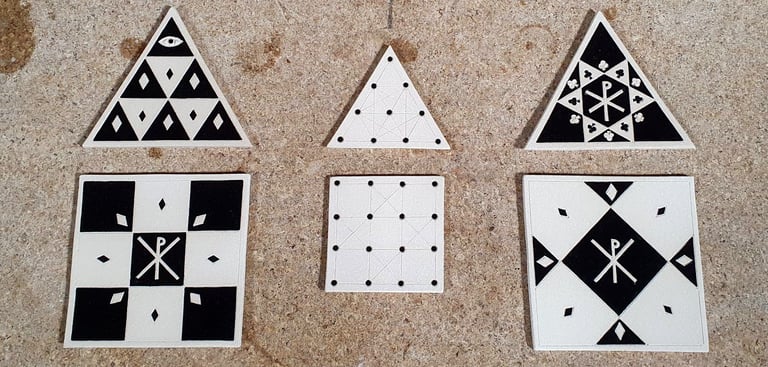 Black-and-white tiles by Teresa Clay showing sacred geometry