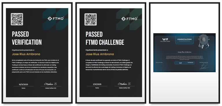 Three certificates for Jose Rius Ambrona for passing FTMO and Wall Street Funded prop firm trading challenges.