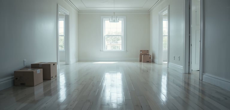 Empty bright living room with polished hardwood floors and cardboard moving boxes in a new home.