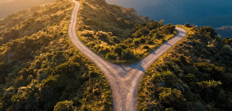 Two diverging paths at golden hour, one bright and open, one fading into shadow