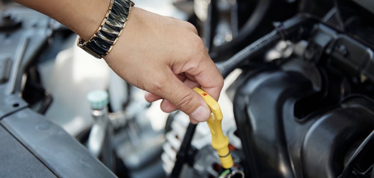 a person holding a engine oil dip stick in their hand