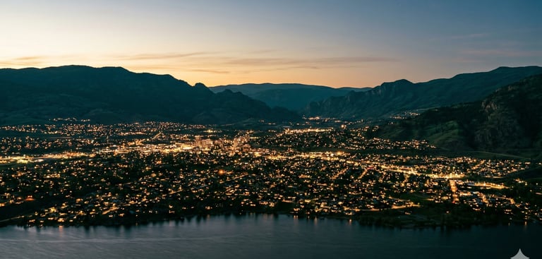 Kelowna city lights at night representing our mission of local community restoration and faith.