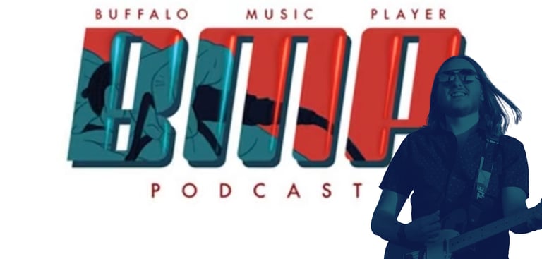 a man playing guitar in front of a logo for buffalo music player