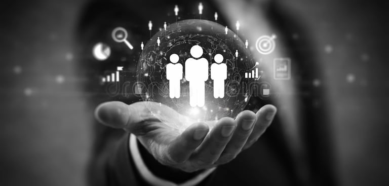 a hand holding a modern graphics the represents people and technology