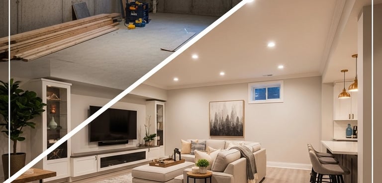 Before and after basement image.