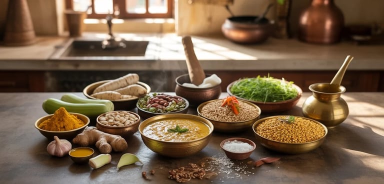 Indian kitchen with dal, millets, vegetables, nuts, and seeds arranged in warm natural light.