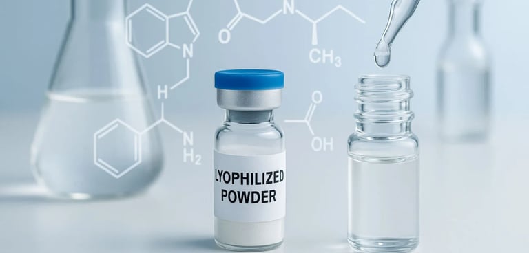 a bottle of liquid in a laboratory with lyophilized pwder