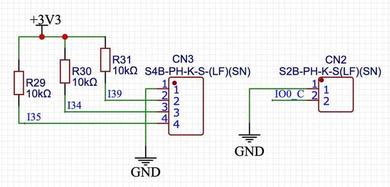 Schematic for ESP32 dev board connectors for the rotary encoder and button