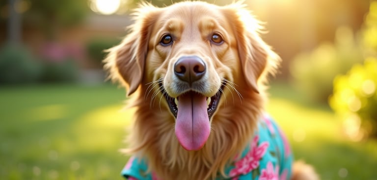 Perro con lengua de fuera sentado, tre una camisa playera de color turquesa y flores. esta sobre pasto y fondo naturaleza