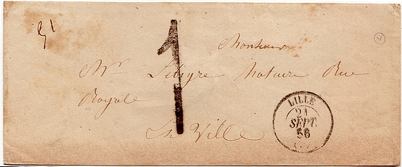 1856 : Lettre de LILLE pour LILLE en port dû.