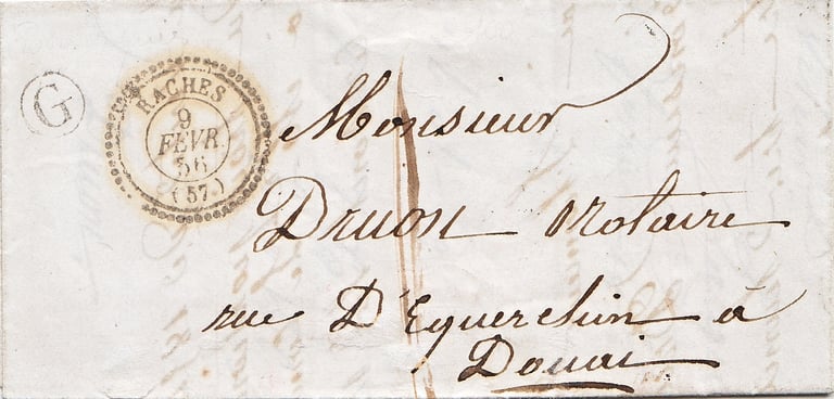 1856 : Lettre mise à la boite d'une commune rurale (lettre-timbre G)