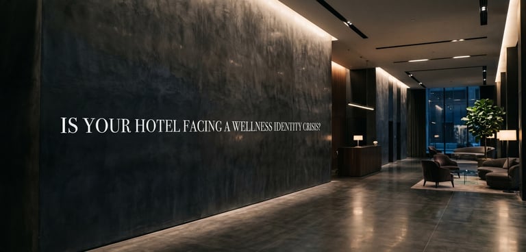 luxury hotel lobby with text on the wall saying ''is your hotel facing a wellness identity crisis'.