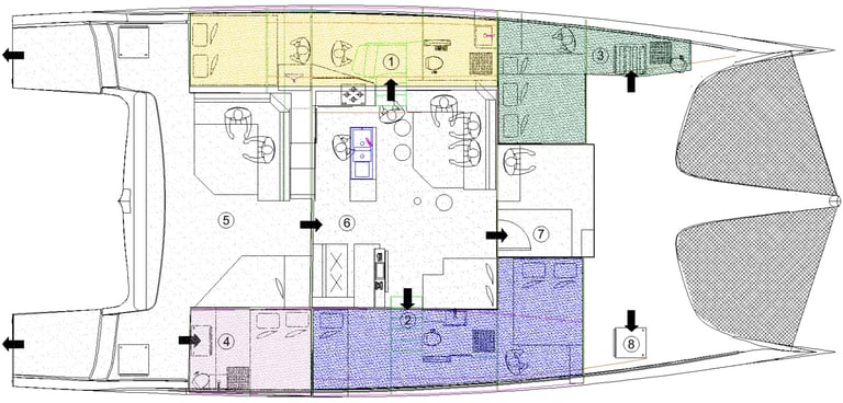 Schéma illustré des cabines et espaces de vie à bord