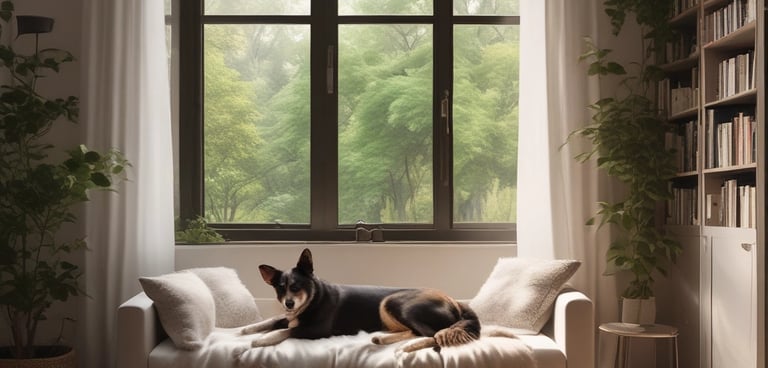 A person is grooming a dog inside a pet grooming studio. The room is dimly lit, with various grooming tools visible on a nearby table. A large window shows the outside, where parked cars can be seen. A cage is present, containing items related to pet care.