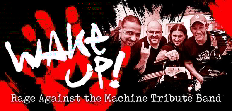 a group of people standing in front of a black and white banner