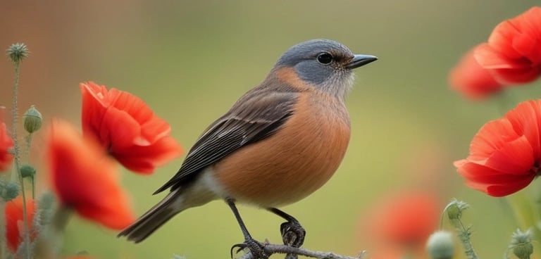 Rouge-gorge entouré de coquelicots