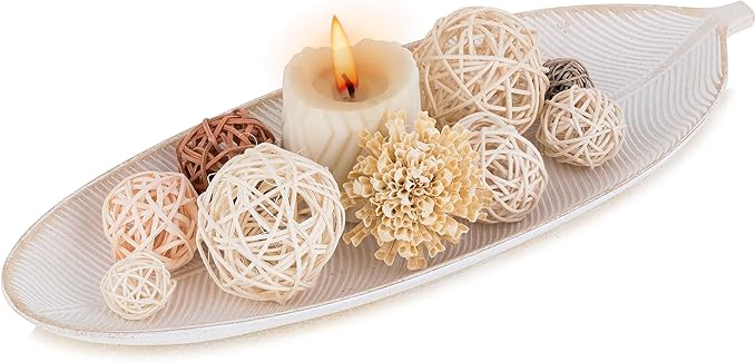 Boho Dining Room Decor Set – Handmade Wooden Leaf Plates, Bowls, Forks, Crystal Candle Holders & Dec