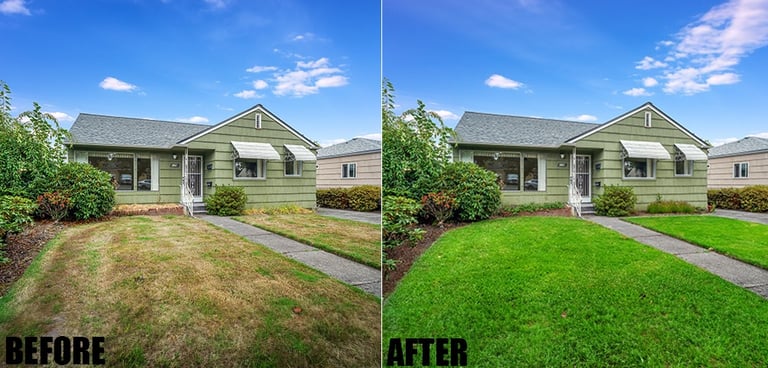 a house with a lawn and a house with a lawn
