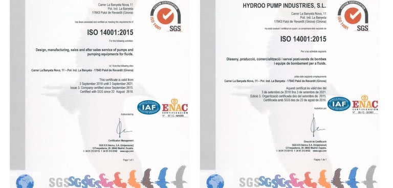 Hydroo pumps quality certification document