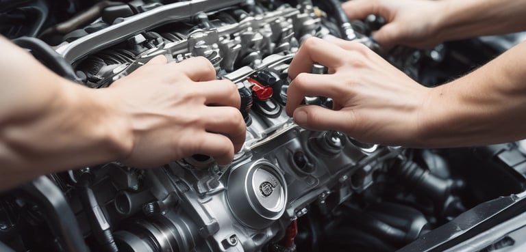 Close-up of a car suspension spring and shock absorber in a garage.