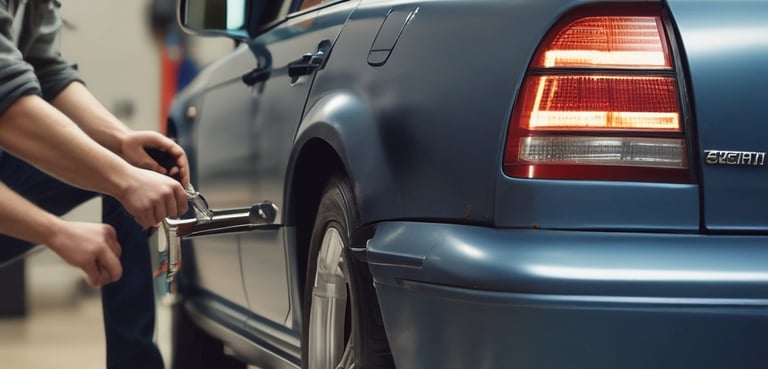 Close-up of a car suspension spring and shock absorber in a garage.