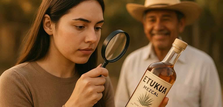 Consumidor leyendo la etiqueta de una botella de mezcal Etukua con una lupa, con un maestro mezcaler