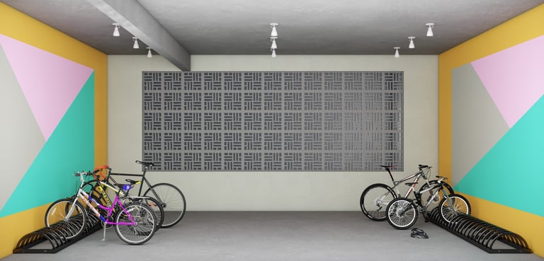 a room with a bicycle and a bicycle in the background