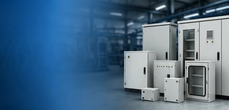 Industrial electrical control panels and metal enclosures in a modern manufacturing warehouse.