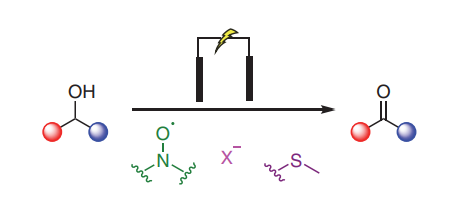 Chemical reaction diagram showing electrochemical oxidation of an alcohol to a carbonyl group.