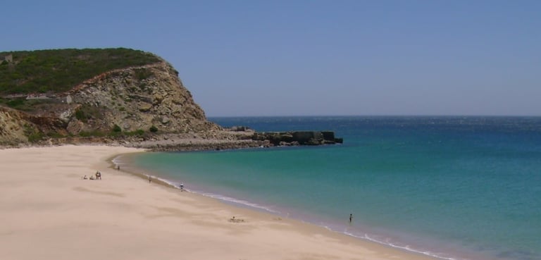 a beach with a sandy beach and a mountain in the background