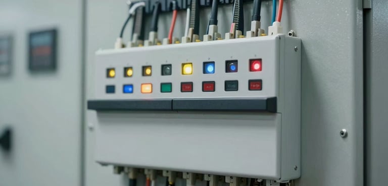 Close-up of a modern industrial electrical control panel with precise wiring and illuminated indicators, clean technical environment