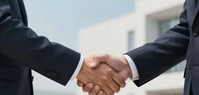 A close-up of a professional handshake between two people in deep charcoal navy suits. The background is a soft sky blue and pale mist white blur of a modern lobby, signifying a successful and confident business connection.