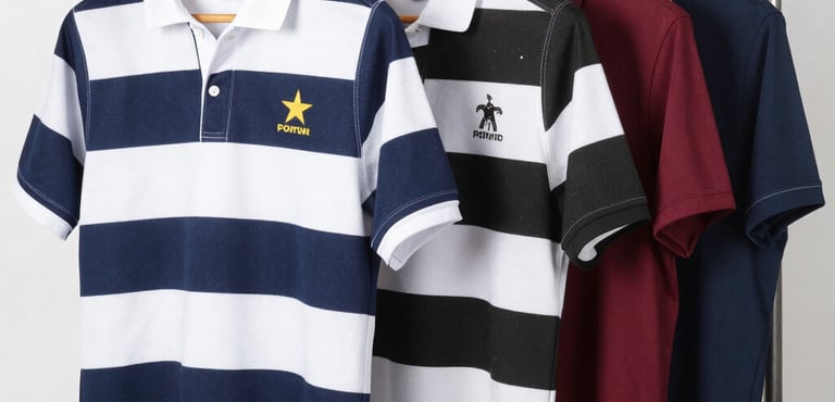 High-quality rugby and golf shirts displayed on hangers.