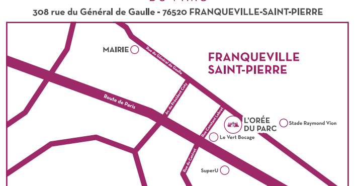 Carte simplifiée de localisation de la Résidence Orée du Parc avec axes principaux et repères