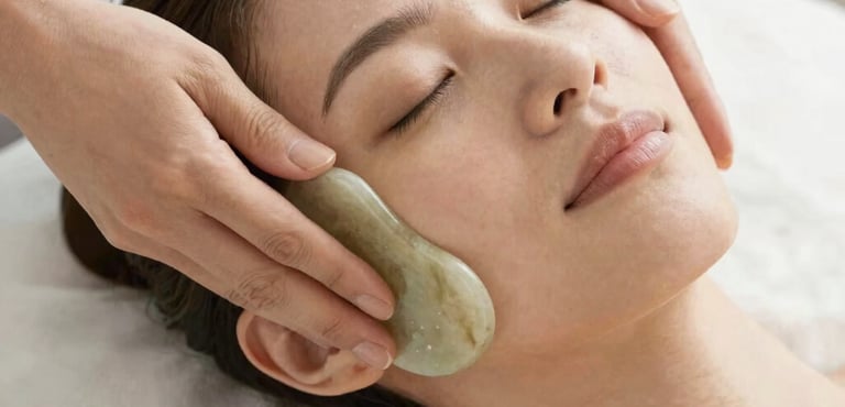 A woman massade on her face with a guashha stone