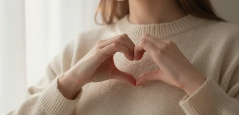 Woman placing hands on heart in self-love meditation practice at sunrise Placement: Hero image