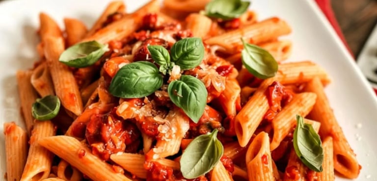A plate of penne pasta with tomato sauce, fresh basil leaves, and Parmesan cheese.