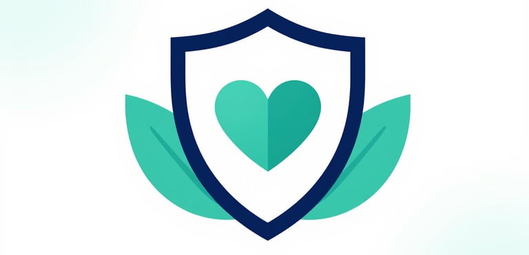 A clean, modern flat-style illustration representing protection and growth. A stylized shield with a heart at the center, surrounded by soft geometric leaf shapes. Uses brand colors #0B2038 and #4A8B87. No people, minimalist white background.