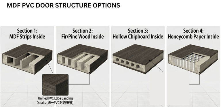 MDF PVC door structure options with MDF strips, wood, chipboard, and honeycomb cores。