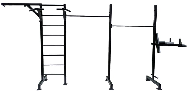 Black metal outdoor pull-up bar station with Swedish ladder and dip station for calisthenics training.