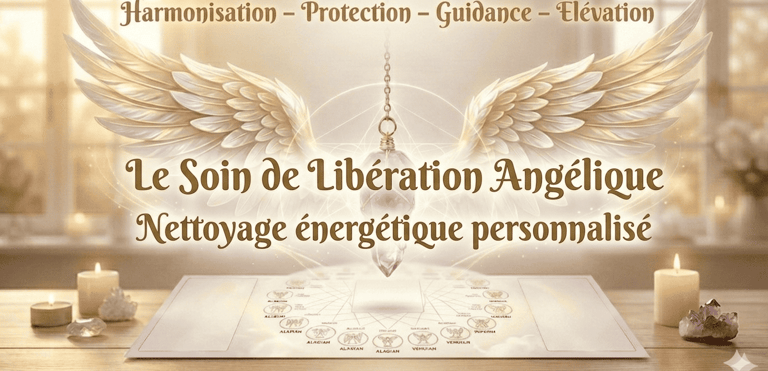 Soin de libération angélique et nettoyage énergétique personnalisé avec pendule, ailes d'ange et bougies.