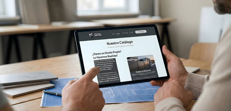 Cliente revisando catálogo de cerramientos metálicos en tablet