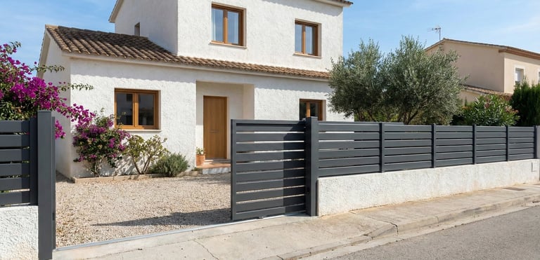 Valla metálica moderna con lamas horizontales instalada en chalet