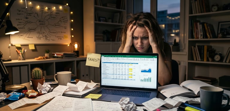 Empreendedor MEI exausto e estressado tentando organizar recibos de papel e planilhas financeiras complexas no computador.