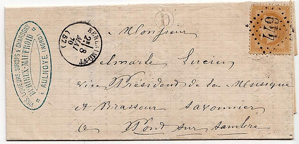 Letter up to 10 g franked at 10 c from AULNOYE (letter-stamp D) to PONT SUR SAMBRE