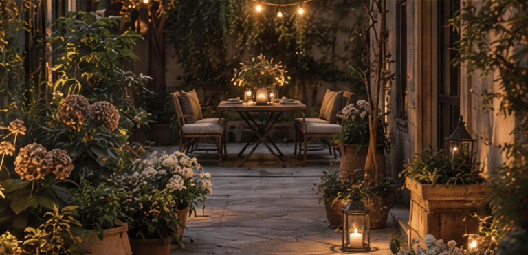 Cozy garden space with soft sunset lighting and relaxed lounge furniture, inspired by warm European outdoor living