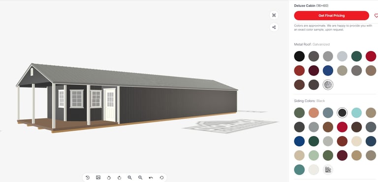 3D Shed Designer showing a deluxe cabin with custom siding and roof color option